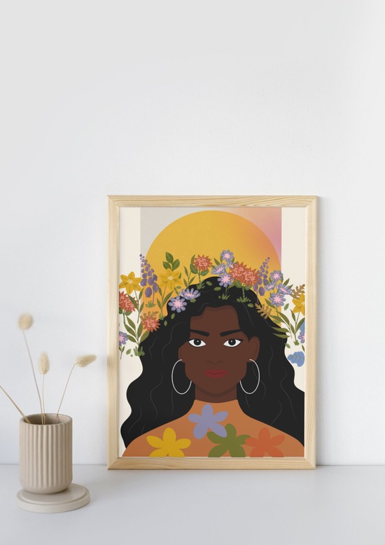 Radiant Bloom – Afro Woman Floral Crown Art Print